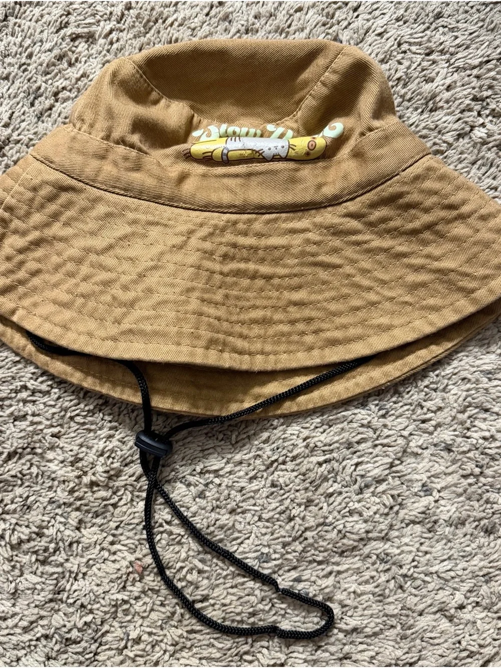 Pusheen Tan Bucket Hat with Yellow Pusheen Accent and Black Chin Cord